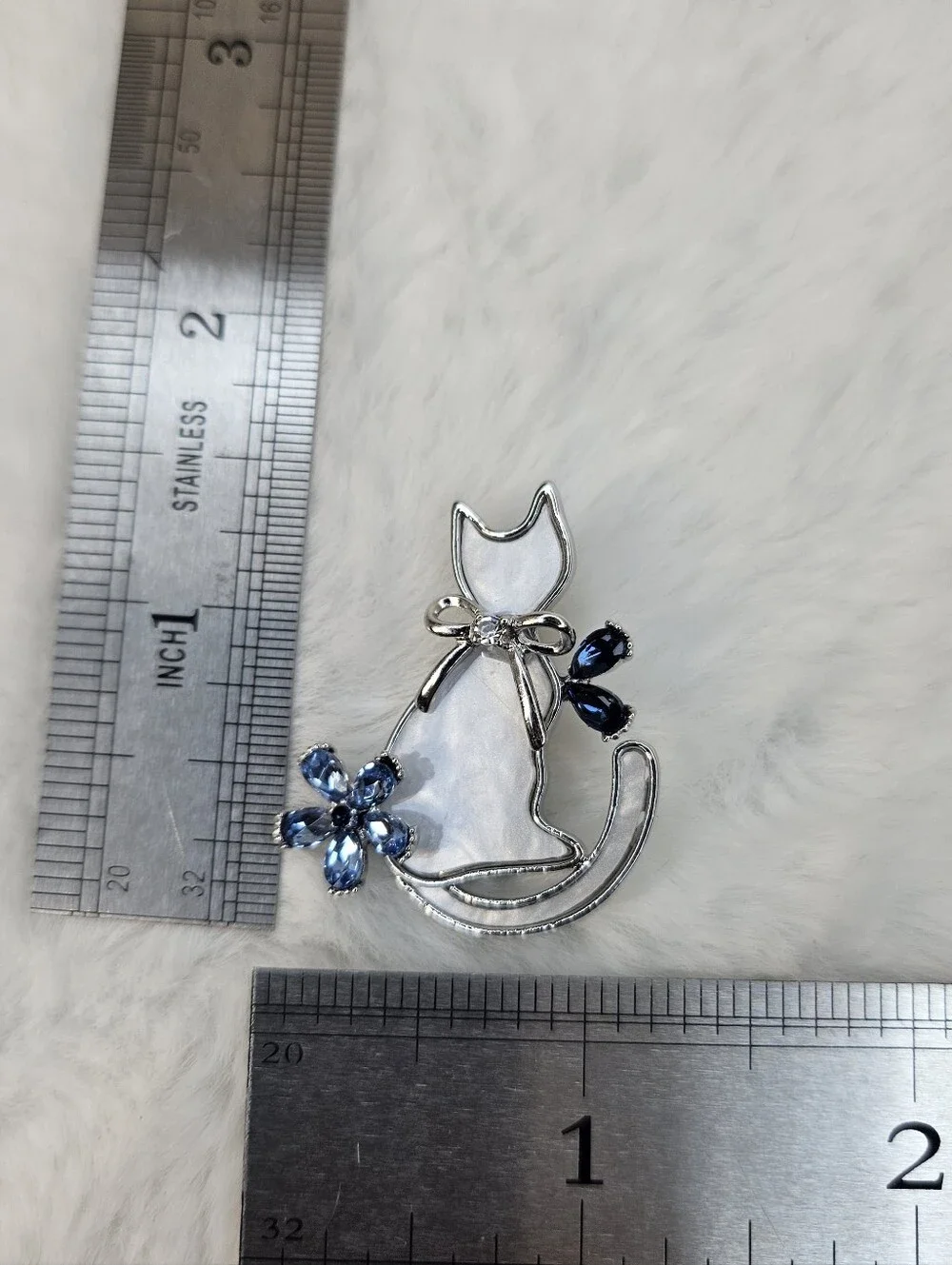 Silver Cat Brooch with Blue Crystal Flower